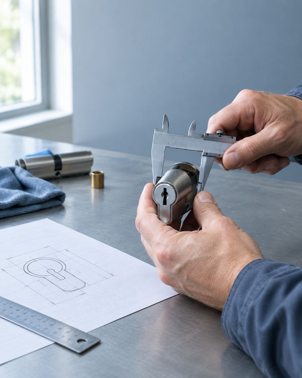 Hands measuring an unbranded lock cylinder at a workbench