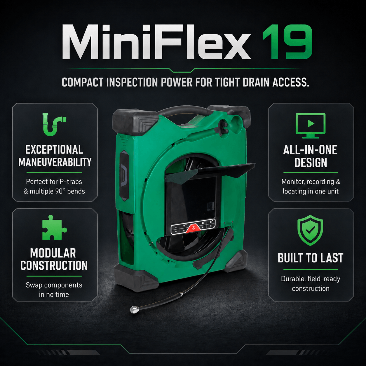 Camtronics MiniFlex 19 drain camera shown on a dark promotional background with feature callouts for maneuverability, all-in-one design, modular construction, and durability.