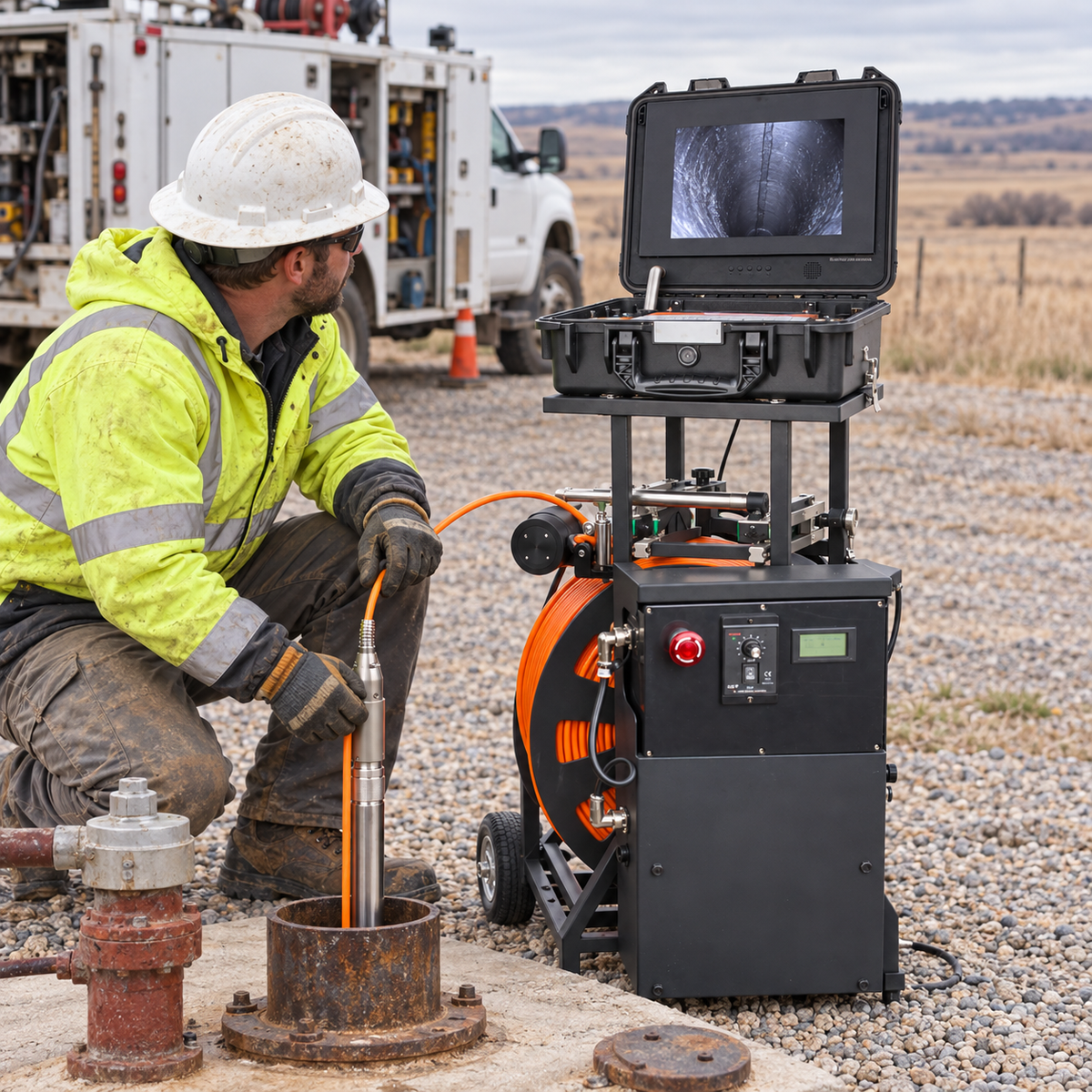 A contractor wearing a white hard hat and high-visibility jacket kneels beside a rusty pipe fitting while operating a black and orange industrial borehole camera on gravel near a white utility truck.