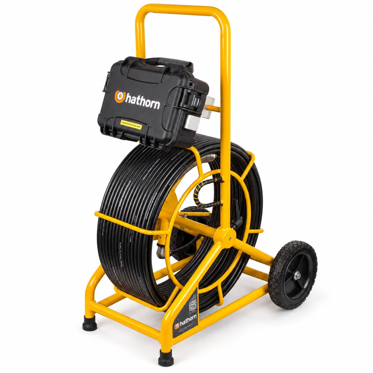 HATHORN H7 sewer inspection camera — yellow wheeled push-rod reel with built-in monitor case, shown on a white background.