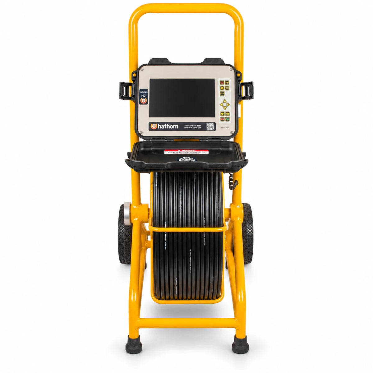 HATHORN H7 sewer camera front view with the monitor case open, showing the 7-inch LCD and control buttons.