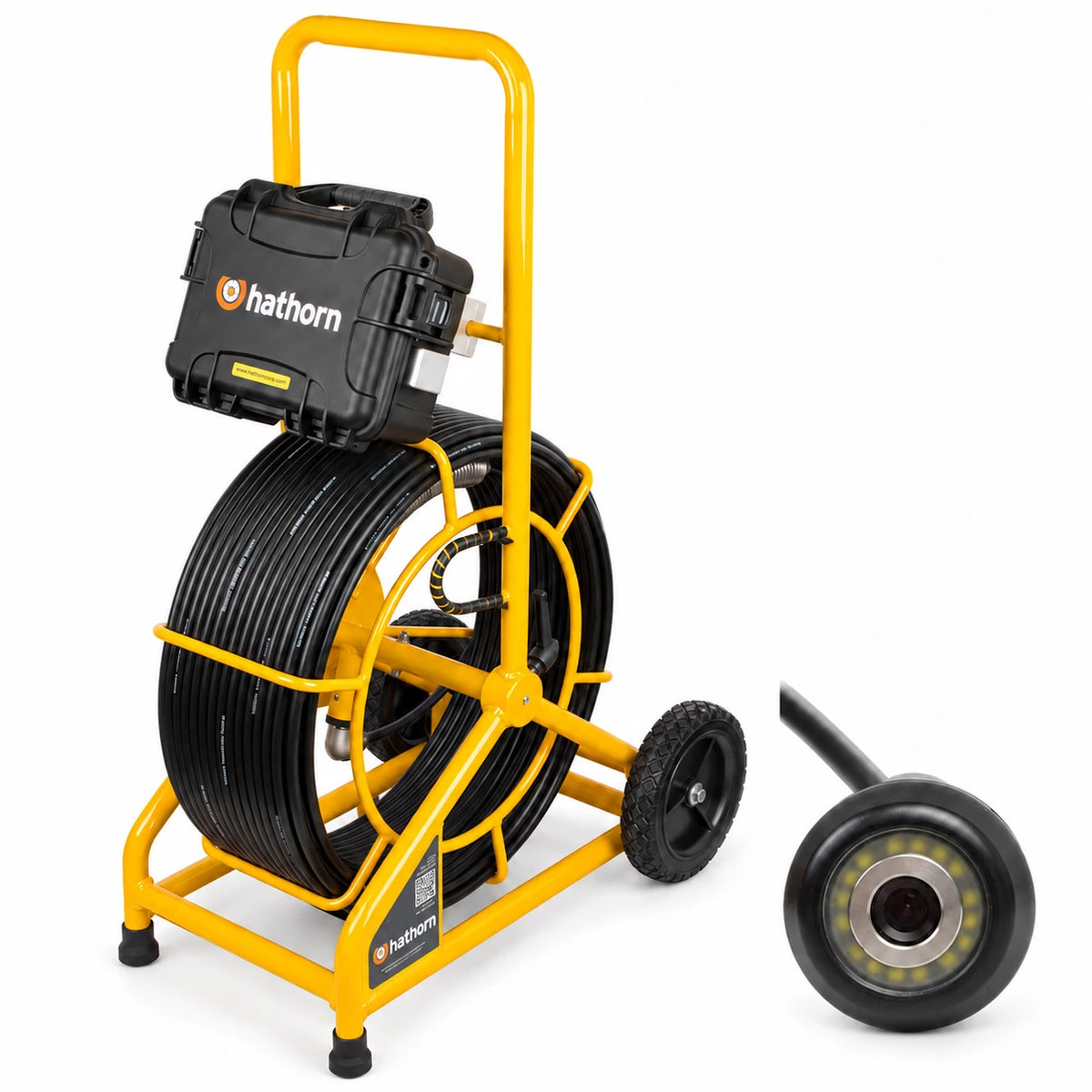 HATHORN H7 system overview: reel with built-in monitor, push cable and self-leveling camera head.