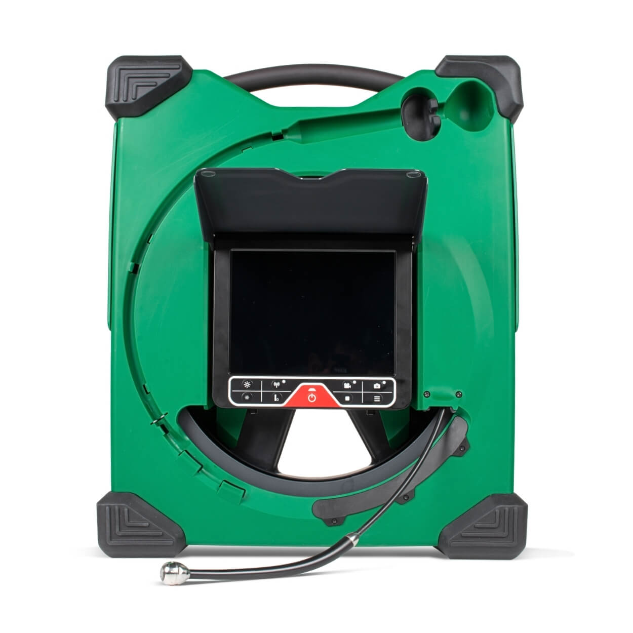 MiniFlex drain inspection camera front view with a display screen, control buttons, a handle, and an attached cable with a camera head