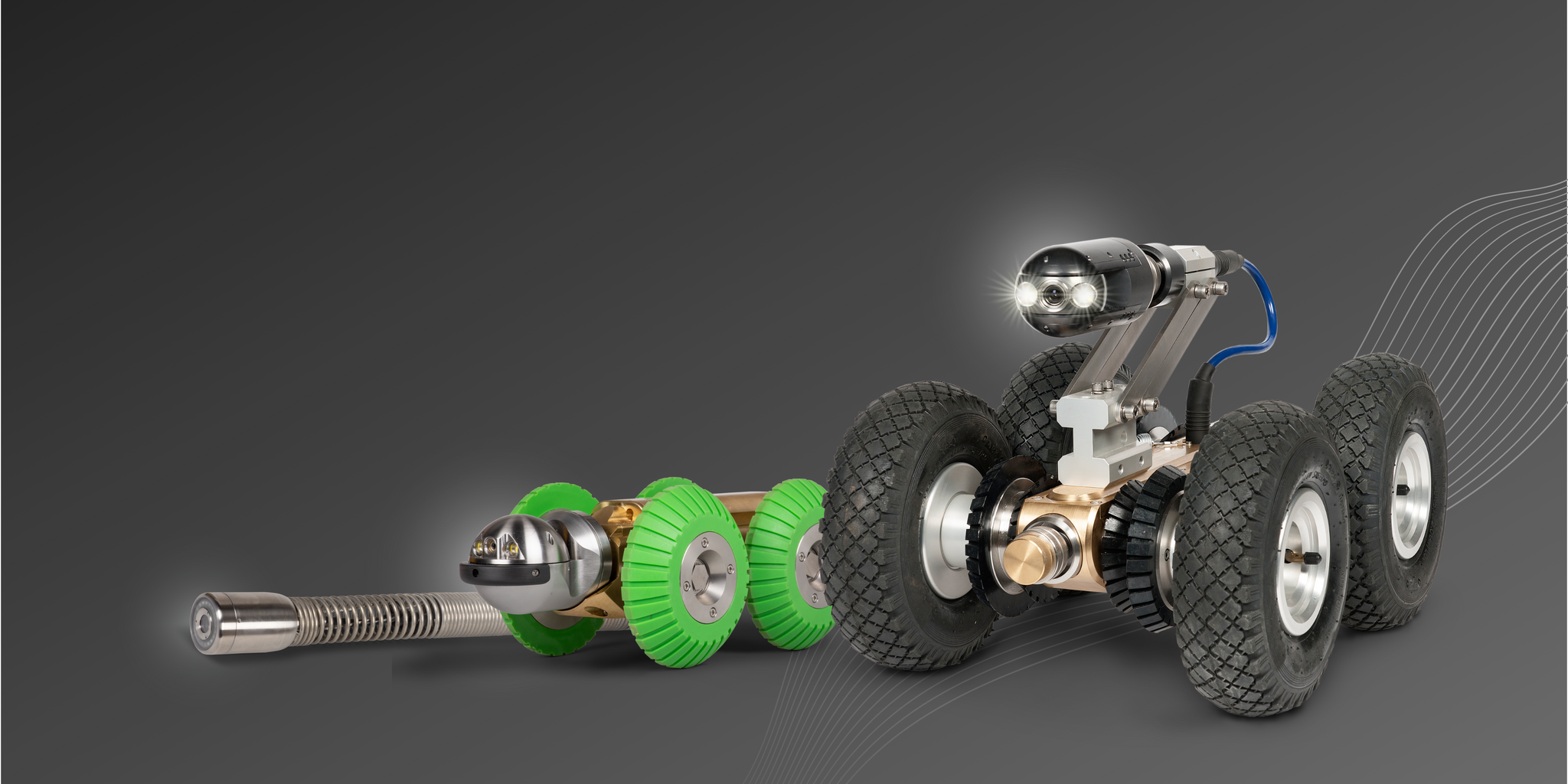 Sewer Camera, Small Pipe Robot and Pipe Crawler Placed in a Row