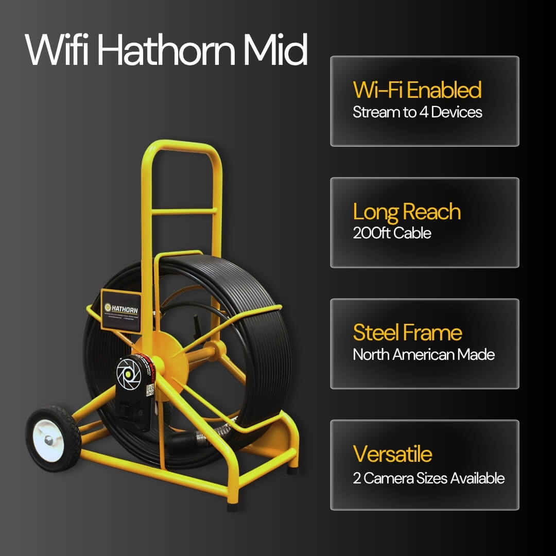 Yellow and black Mender WiFi Hathom Mid cable reel with a yellow handle and wheeled frame, shown on a dark gray background with feature callout text boxes.